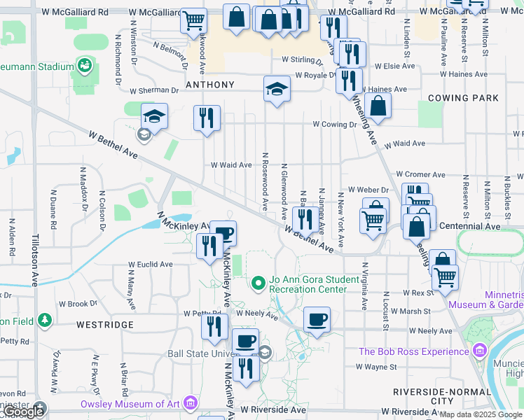 map of restaurants, bars, coffee shops, grocery stores, and more near 1608 West Bethel Avenue in Muncie