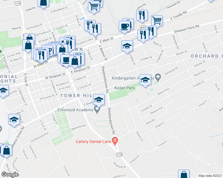 map of restaurants, bars, coffee shops, grocery stores, and more near 304 East Marble Street in Mechanicsburg