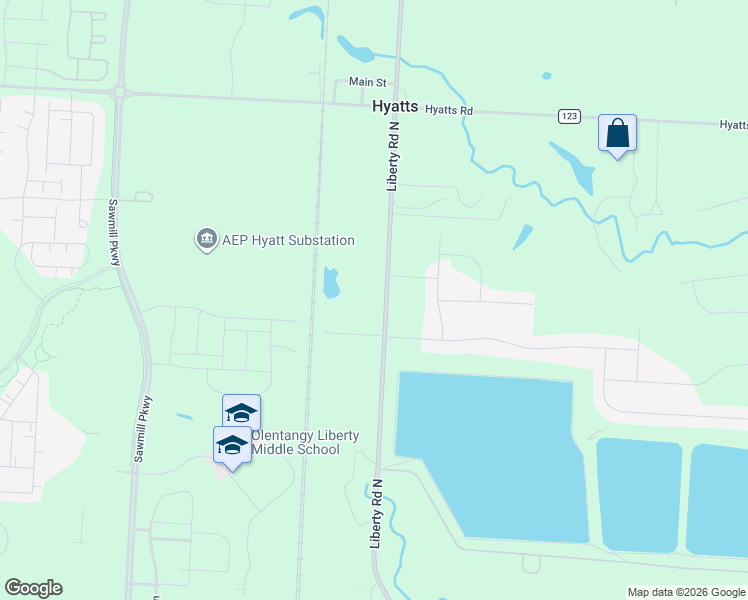 map of restaurants, bars, coffee shops, grocery stores, and more near 6442 Liberty Road North in Powell
