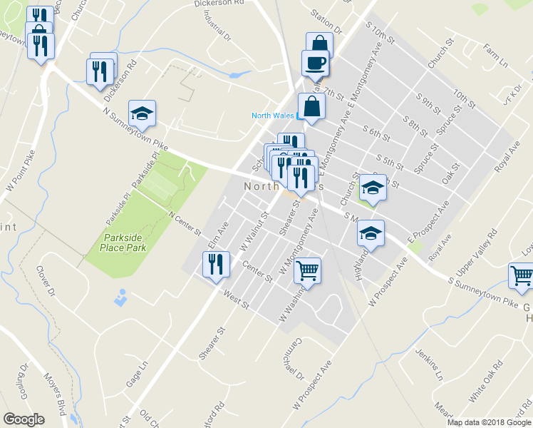 map of restaurants, bars, coffee shops, grocery stores, and more near 201 West Walnut Street in North Wales