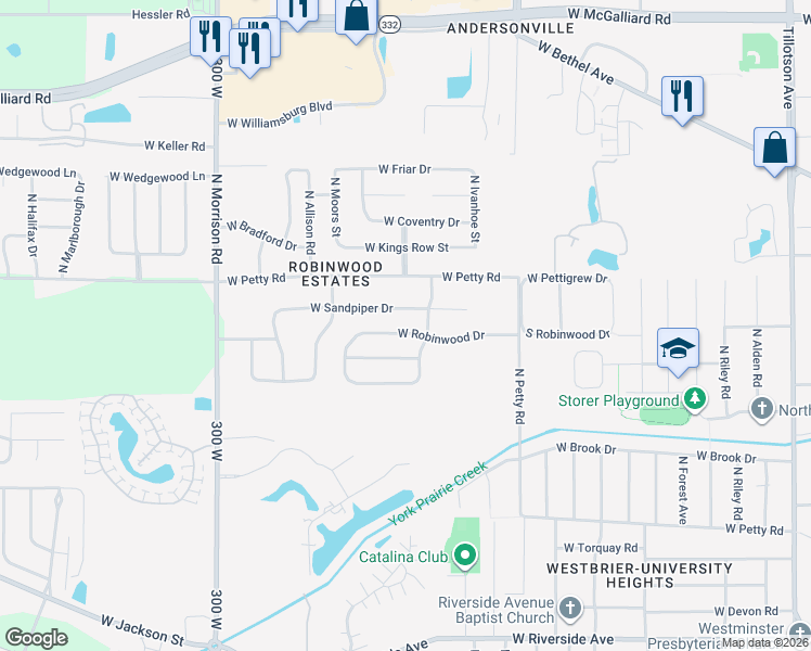 map of restaurants, bars, coffee shops, grocery stores, and more near 4300 West Hummingbird Way in Muncie