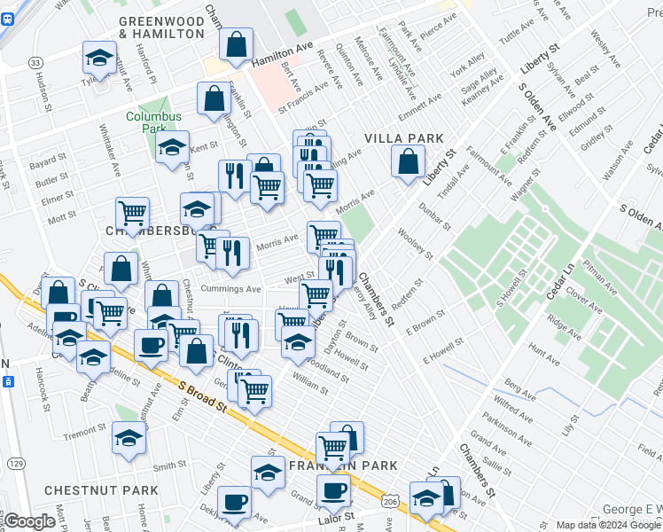 map of restaurants, bars, coffee shops, grocery stores, and more near 647 Franklin Street in Trenton