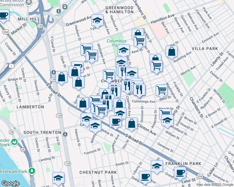 map of restaurants, bars, coffee shops, grocery stores, and more near 25 Morris Avenue in Trenton