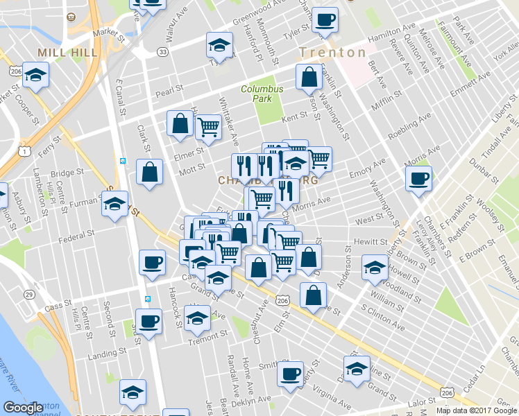 map of restaurants, bars, coffee shops, grocery stores, and more near 234 Fulton Street in Trenton