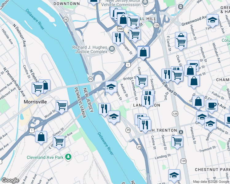 map of restaurants, bars, coffee shops, grocery stores, and more near 12 Iron Works Way in Trenton