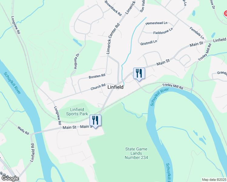 map of restaurants, bars, coffee shops, grocery stores, and more near 22-41 Main Street in Linfield
