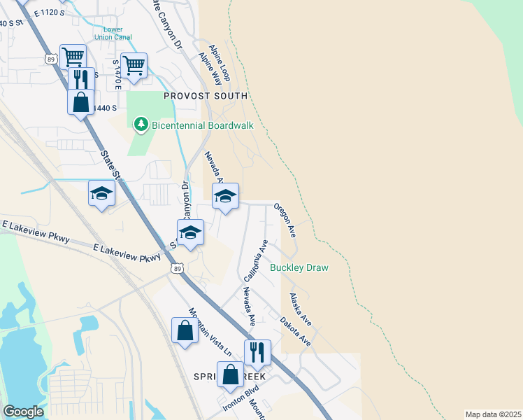 map of restaurants, bars, coffee shops, grocery stores, and more near 1754 California Avenue in Provo