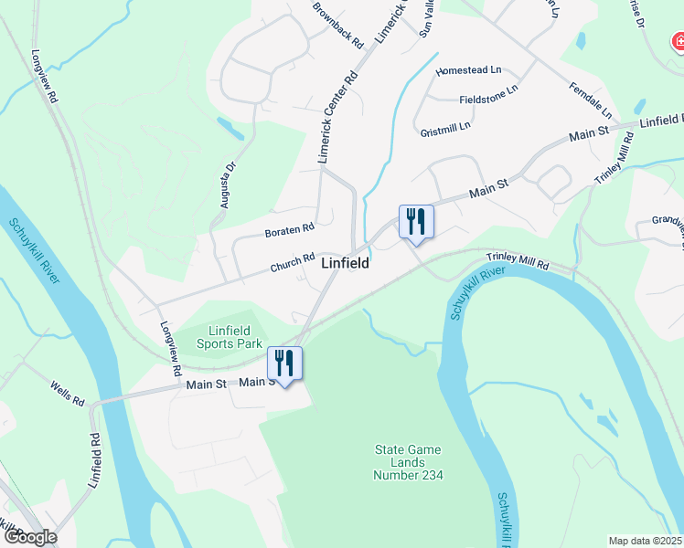 map of restaurants, bars, coffee shops, grocery stores, and more near 1165 Main Street in Royersford