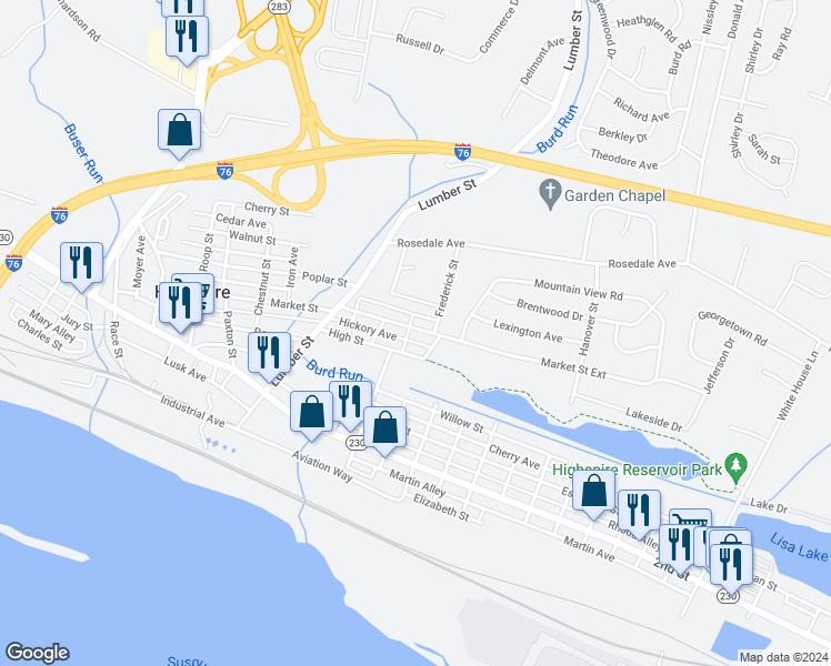 map of restaurants, bars, coffee shops, grocery stores, and more near 415 Market Street in Highspire