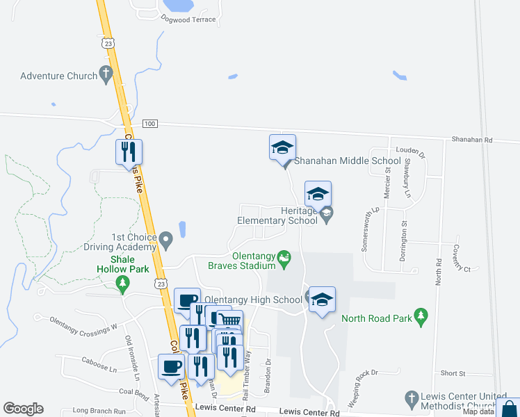 map of restaurants, bars, coffee shops, grocery stores, and more near 5861 Yellowfin Lane in Lewis Center