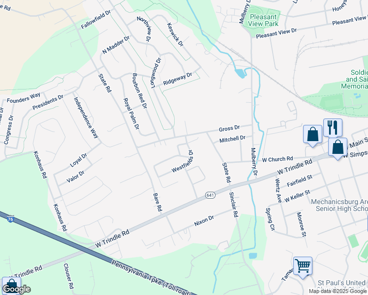 map of restaurants, bars, coffee shops, grocery stores, and more near 19 Fieldcrest Drive in Mechanicsburg