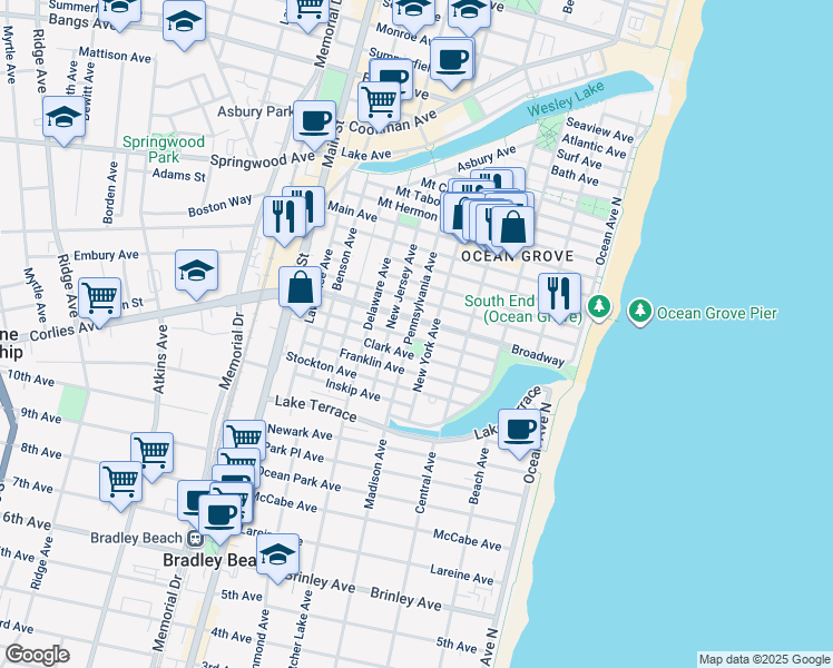 map of restaurants, bars, coffee shops, grocery stores, and more near 78 Clark Avenue in Neptune Township