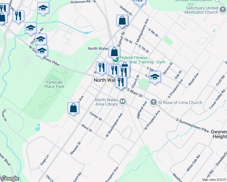 map of restaurants, bars, coffee shops, grocery stores, and more near 123 Shearer Street in North Wales