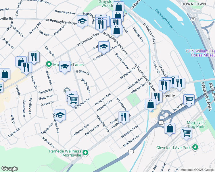 map of restaurants, bars, coffee shops, grocery stores, and more near 331 North Lafayette Avenue in Morrisville