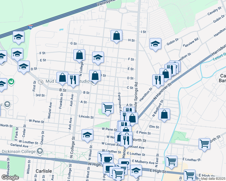 map of restaurants, bars, coffee shops, grocery stores, and more near 22 4th Avenue in Carlisle