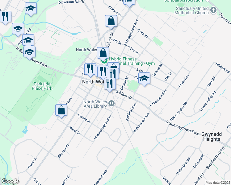 map of restaurants, bars, coffee shops, grocery stores, and more near 200 South Main Street in North Wales