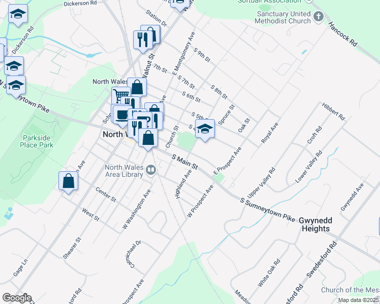 map of restaurants, bars, coffee shops, grocery stores, and more near 201 Summit Street in North Wales