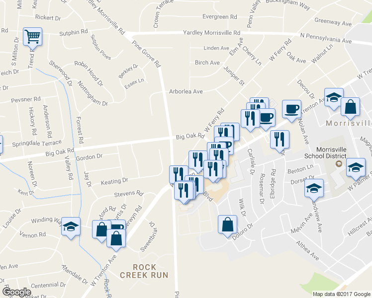 map of restaurants, bars, coffee shops, grocery stores, and more near 308 West Ferry Road in Yardley