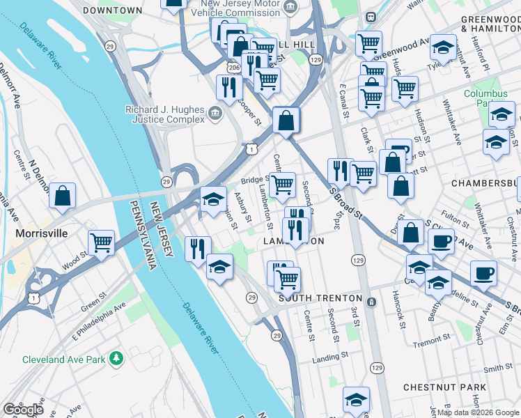 map of restaurants, bars, coffee shops, grocery stores, and more near 36 Power Street in Trenton