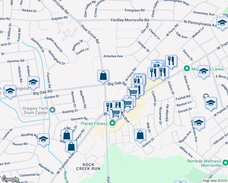 map of restaurants, bars, coffee shops, grocery stores, and more near 308 West Ferry Road in Yardley