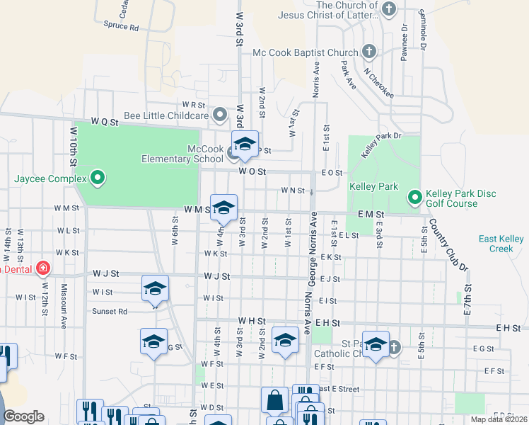map of restaurants, bars, coffee shops, grocery stores, and more near 300-398 West N Street in McCook