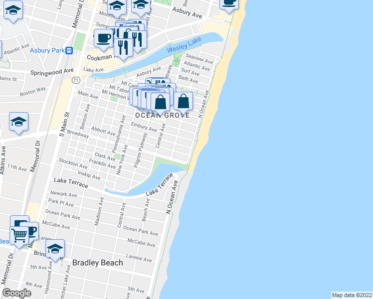 map of restaurants, bars, coffee shops, grocery stores, and more near 22 Ocean Avenue in Neptune Township