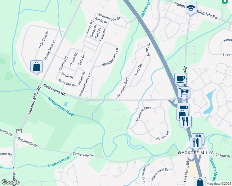 map of restaurants, bars, coffee shops, grocery stores, and more near 3-7 Atlanta Court in Freehold