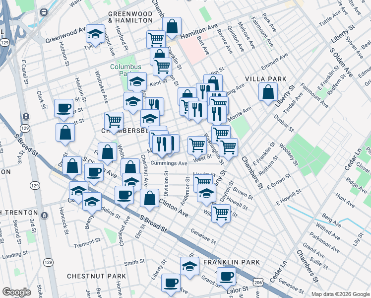 map of restaurants, bars, coffee shops, grocery stores, and more near 314 Morris Avenue in Trenton