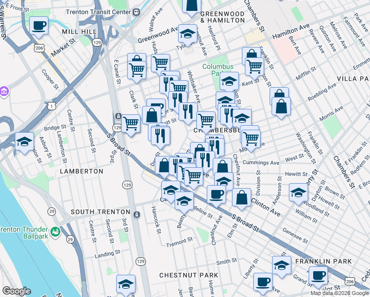 map of restaurants, bars, coffee shops, grocery stores, and more near 8 Cove Street in Trenton