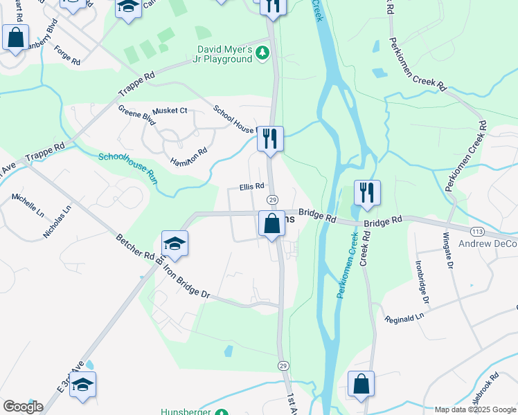 map of restaurants, bars, coffee shops, grocery stores, and more near 202 Centennial Street in Collegeville
