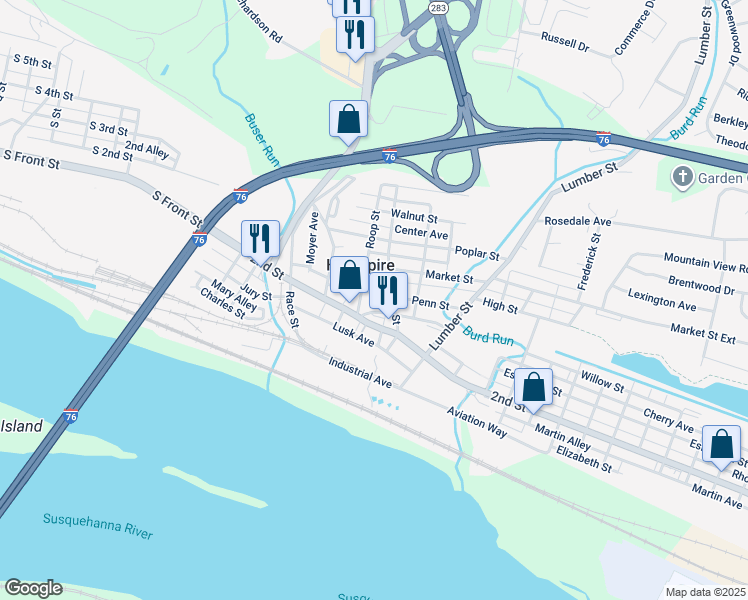 map of restaurants, bars, coffee shops, grocery stores, and more near in Highspire