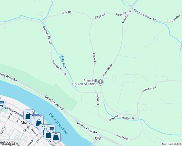 map of restaurants, bars, coffee shops, grocery stores, and more near 85 Ridge Road in Monongahela