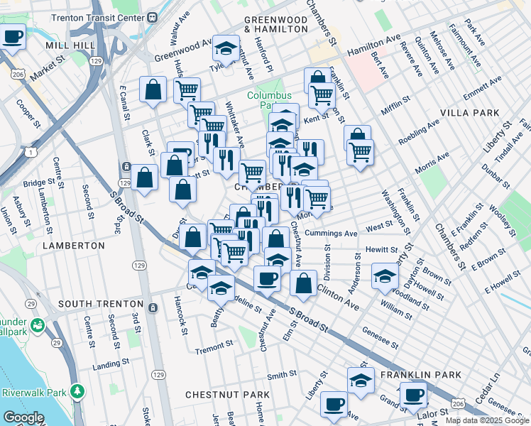 map of restaurants, bars, coffee shops, grocery stores, and more near 600 Whittaker Avenue in Trenton