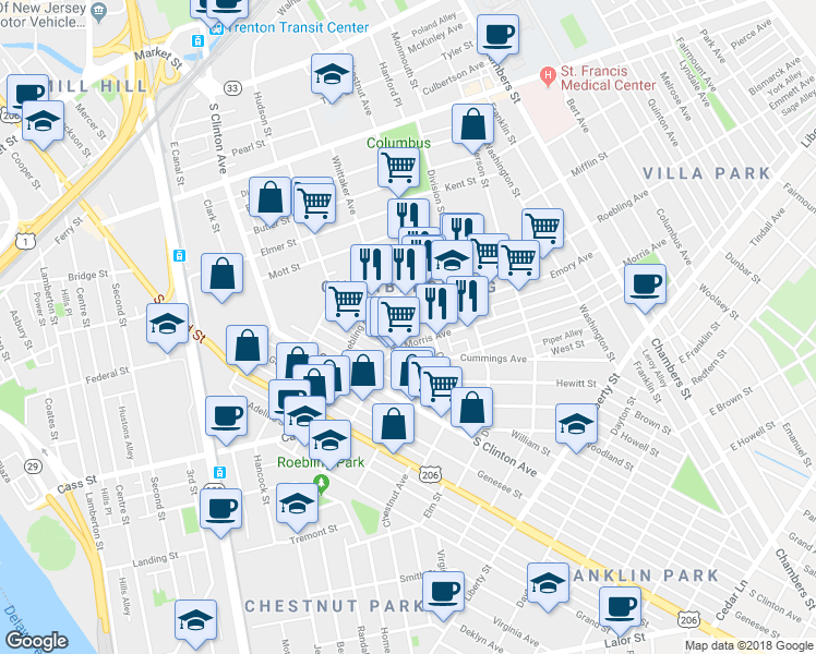 map of restaurants, bars, coffee shops, grocery stores, and more near 219 Emory Avenue in Trenton