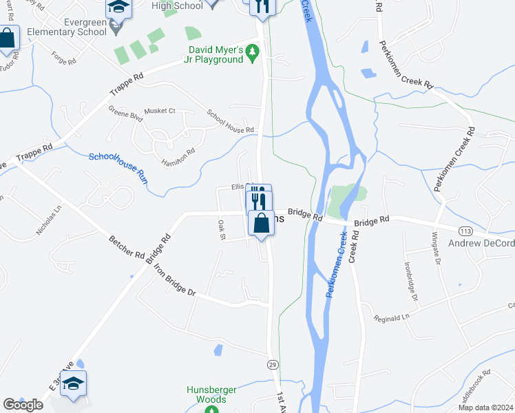 map of restaurants, bars, coffee shops, grocery stores, and more near 203 Gravel Pike in Collegeville