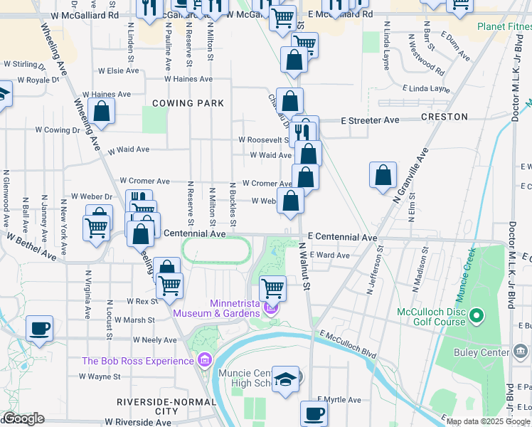 map of restaurants, bars, coffee shops, grocery stores, and more near 110-400 W Weber Dr in Muncie