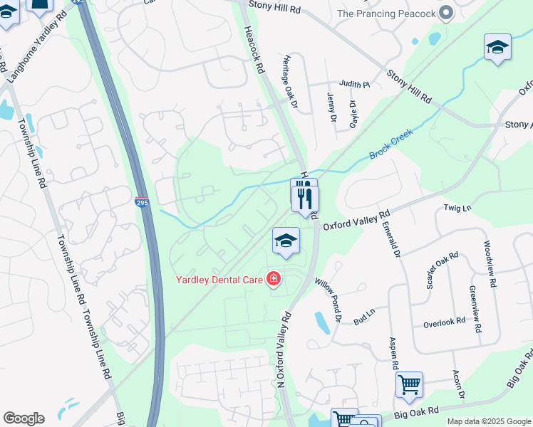 map of restaurants, bars, coffee shops, grocery stores, and more near 5202 Spruce Mill Drive in Yardley