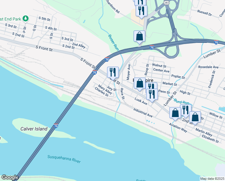 map of restaurants, bars, coffee shops, grocery stores, and more near 71 Jury Street in Highspire