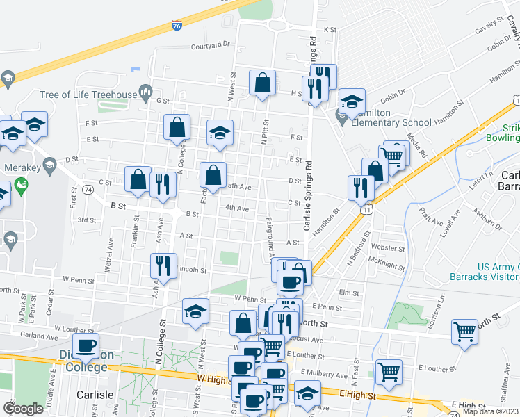 map of restaurants, bars, coffee shops, grocery stores, and more near 625 North Pitt Street in Carlisle
