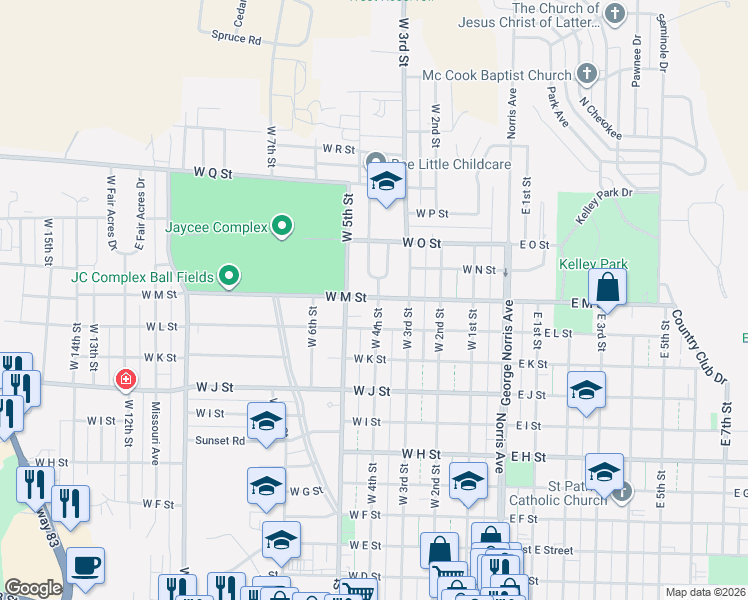 map of restaurants, bars, coffee shops, grocery stores, and more near 1413-1499 E Circle Dr in McCook