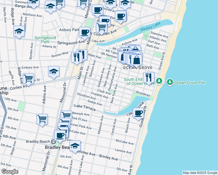 map of restaurants, bars, coffee shops, grocery stores, and more near 88 Abbott Avenue in Monmouth County