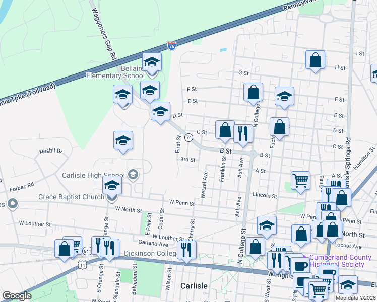 map of restaurants, bars, coffee shops, grocery stores, and more near 525 3rd Street in Carlisle