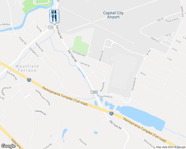 map of restaurants, bars, coffee shops, grocery stores, and more near 21 Terrace Place in New Cumberland