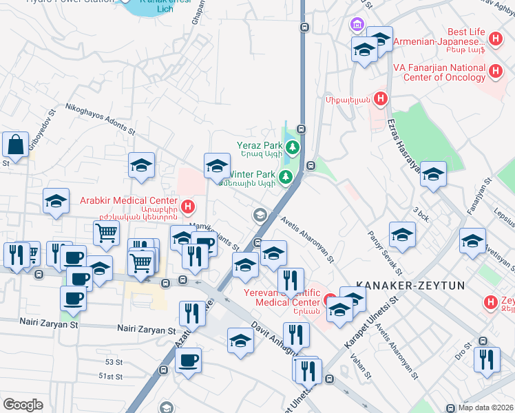 map of restaurants, bars, coffee shops, grocery stores, and more near 1 Nikoghayos Adonts Street in Yerevan