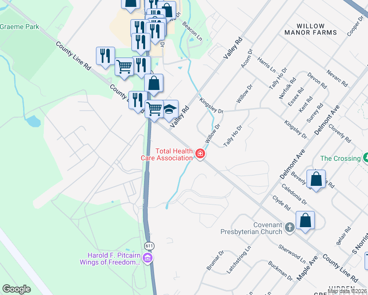 map of restaurants, bars, coffee shops, grocery stores, and more near 1589 County Line Road in Hatboro
