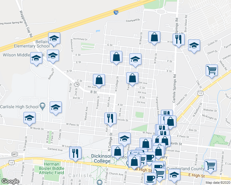 map of restaurants, bars, coffee shops, grocery stores, and more near 624 North College Street in Carlisle