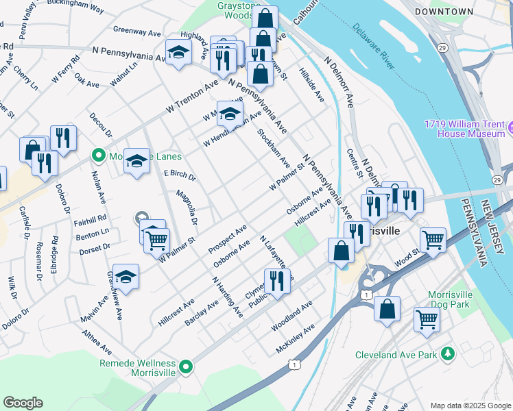 map of restaurants, bars, coffee shops, grocery stores, and more near 243 West Palmer Street in Morrisville