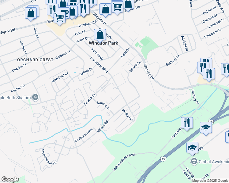 map of restaurants, bars, coffee shops, grocery stores, and more near 1076 Lancaster Boulevard in Mechanicsburg