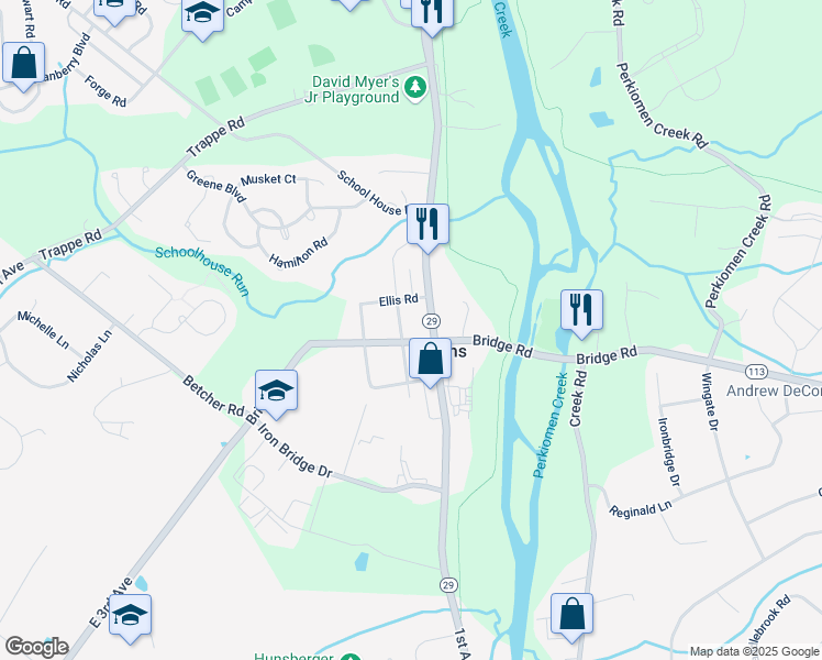 map of restaurants, bars, coffee shops, grocery stores, and more near 202 Centennial Street in Collegeville