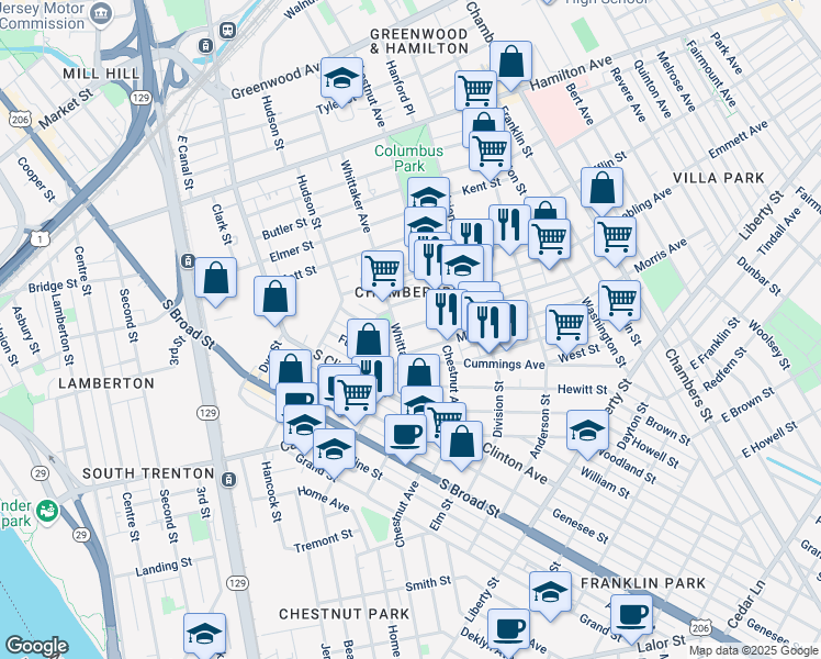 map of restaurants, bars, coffee shops, grocery stores, and more near 211 Emory Avenue in Trenton